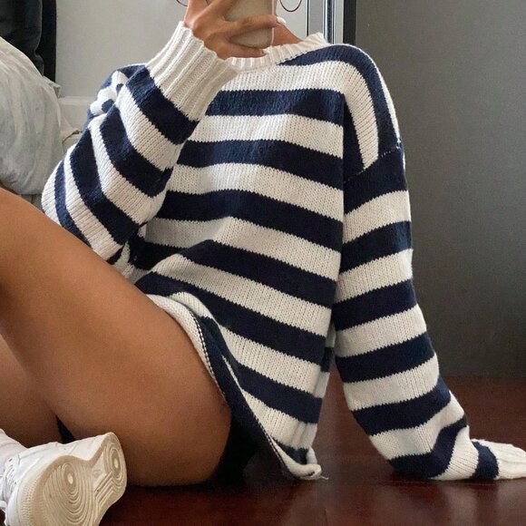 Royal Blue Casual Women's Loose Striped Knit Sweater - Picture 5 of 8